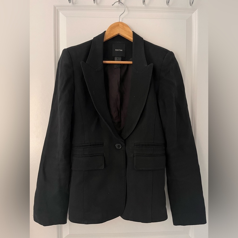 Smythe Cotton-Wool Black Jacket with Fringe Back Detail - Size 6
